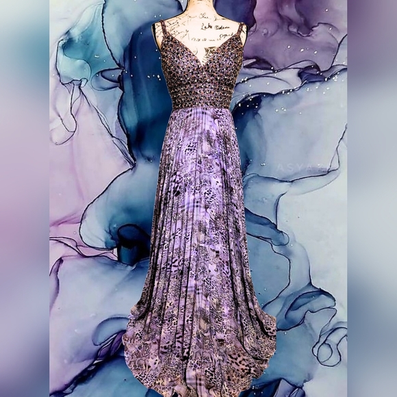 Tony Bowls La Gala Purple Leopard Pleated Maxi Gown - Picture 1 of 14